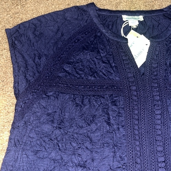 Sundance Romance Textured Short-Sleeve Tee Top Eyelet Lace-Trim Navy Blue Small - Picture 3 of 7